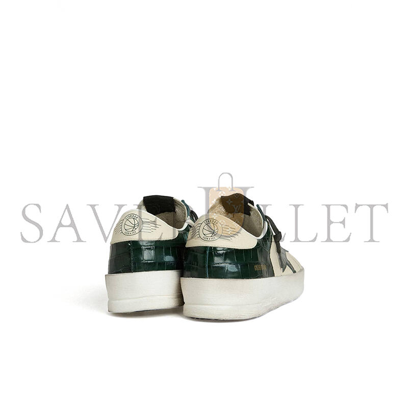 GOLDEN GOOSE MEN'S STARDAN LTD IN CREAM LEATHER WITH GREEN CROCODILE-PRINT LEATHER STAR AND INSERTS GMF00667